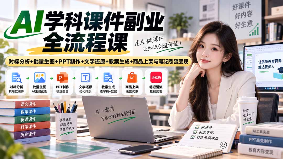 AI学科课件副业全流程课｜对标分析+批量生图+PPT制作+文字还原+教案生成+商品上架与笔记引流变现-星火轻创