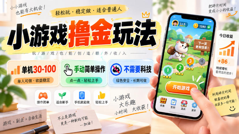小游戏撸金玩法，单机30-100，手动简单操作，不需要科技-星火轻创