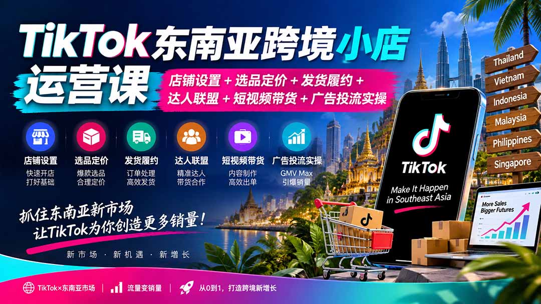 TikTok东南亚跨境小店运营课：店铺设置+选品定价+发货履约+达人联盟+短视频带货+广告投流实操-星火轻创