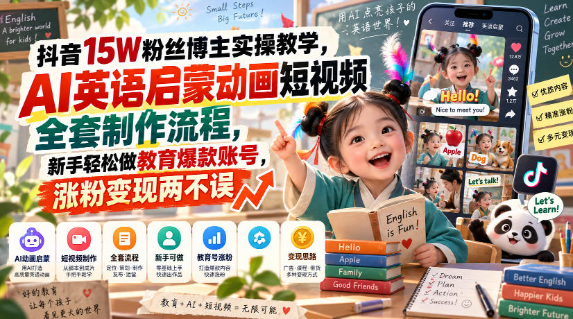 抖音15W粉丝博主实操教学，AI英语启蒙动画短视频全套制作流程，新手轻松做教育爆款账号，涨粉变现两不误-星火轻创