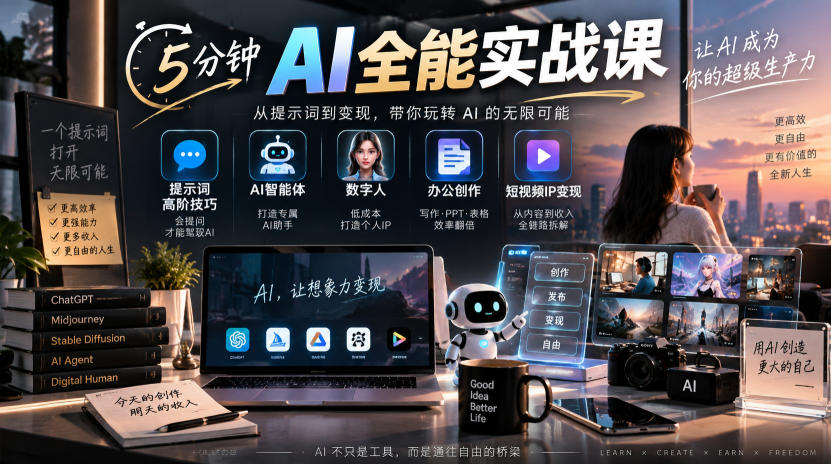 5分钟AI全能实战课｜提示词高阶技巧+AI智能体+数字人+办公创作+短视频IP变现全教程-星火轻创