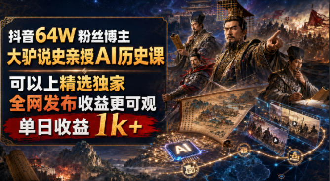 抖音64W粉丝博主大驴说史亲授AI历史课，可以上精选独家，全网发布收益更可观，单日收益1k+(更新)-星火轻创