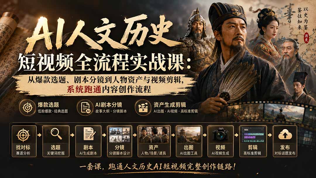 AI人文历史短视频全流程实战课-更新:从爆款选题、剧本分镜到人物资产与视频剪辑,系统跑通内容创作流程-星火轻创