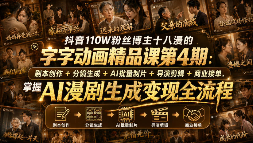 抖音110W粉丝博主十八漫的字字动画精品课第4期：剧本创作+分镜生成+剪辑+商业接单，掌握AI漫剧生成变现全流程(更新0916)-星火轻创
