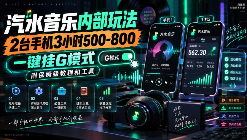 汽水音乐内部玩法，2台手机3小时500-800，一键挂G模式，附保姆级教程和工具【揭秘】-星火轻创