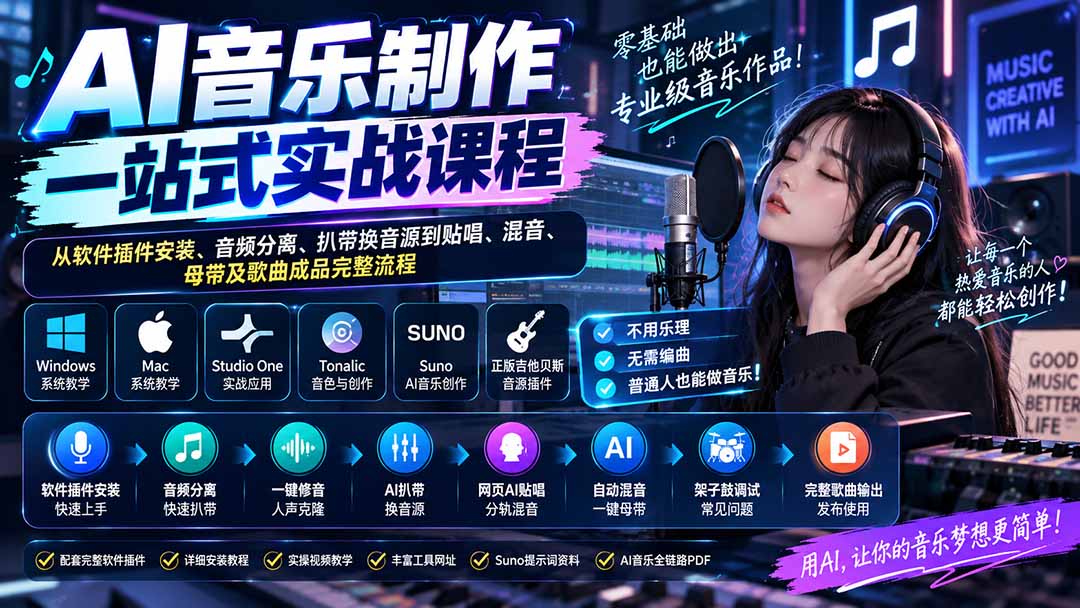 AI音乐制作一站式实战课程：从软件插件安装、音频分离、扒带换音源到贴唱、混音、母带及歌曲成品完整流程-星火轻创
