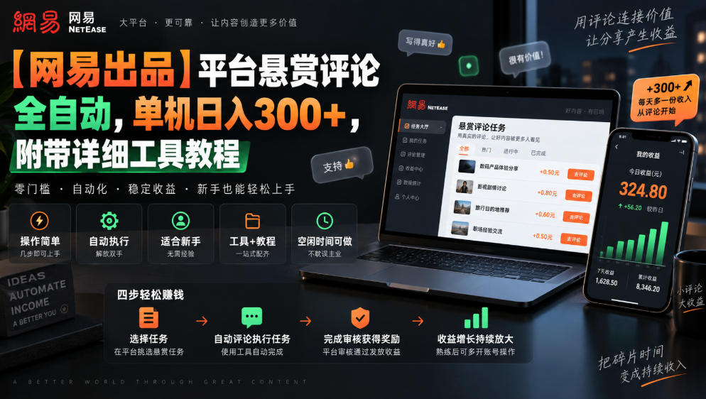 【网易出品】平台悬赏评论全自动，单机日入300+，附带详细工具教程【揭秘】-星火轻创