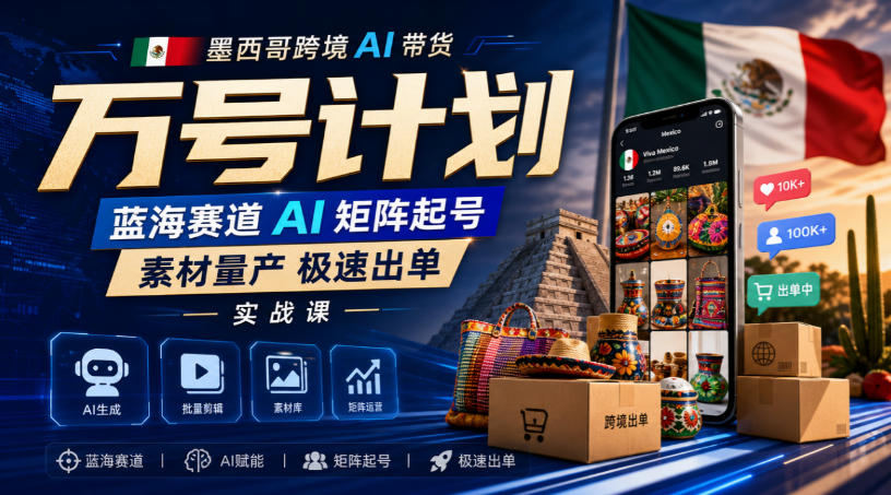墨西哥跨境AI带货万号计划，蓝海赛道AI矩阵起号，素材量产极速出单实战课-星火轻创