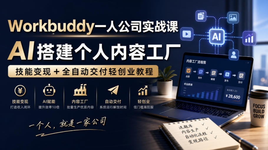 Workbuddy一人公司实战课，AI搭建个人内容工厂，技能变现+全自动交付轻创业教程​-星火轻创
