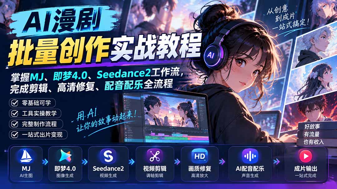 AI漫剧批量创作实战教程：掌握MJ、即梦4.0、Seedance2工作流，完成剪辑、高清修复、配音配乐全流程-星火轻创