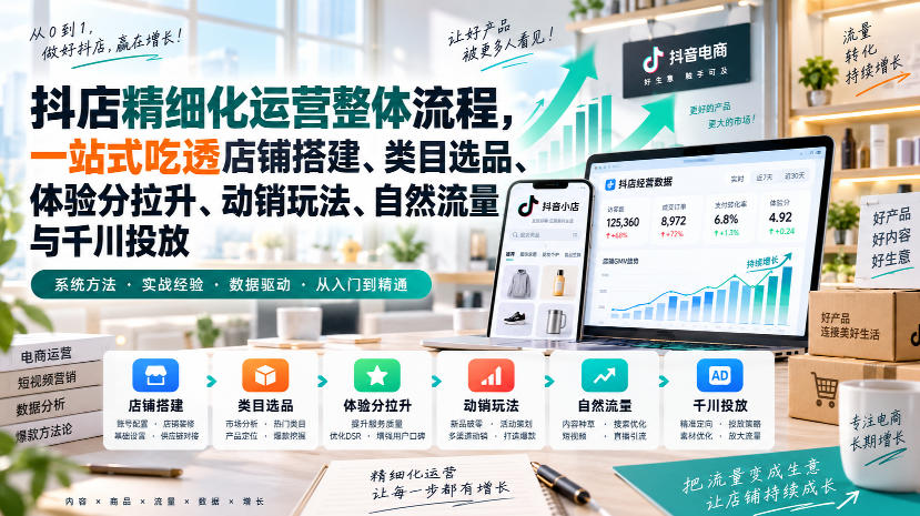 李哥电商-抖店精细化运营整体流程，一站式吃透店铺搭建、类目选品、体验分拉升、动销玩法、自然流量与千川投放-星火轻创