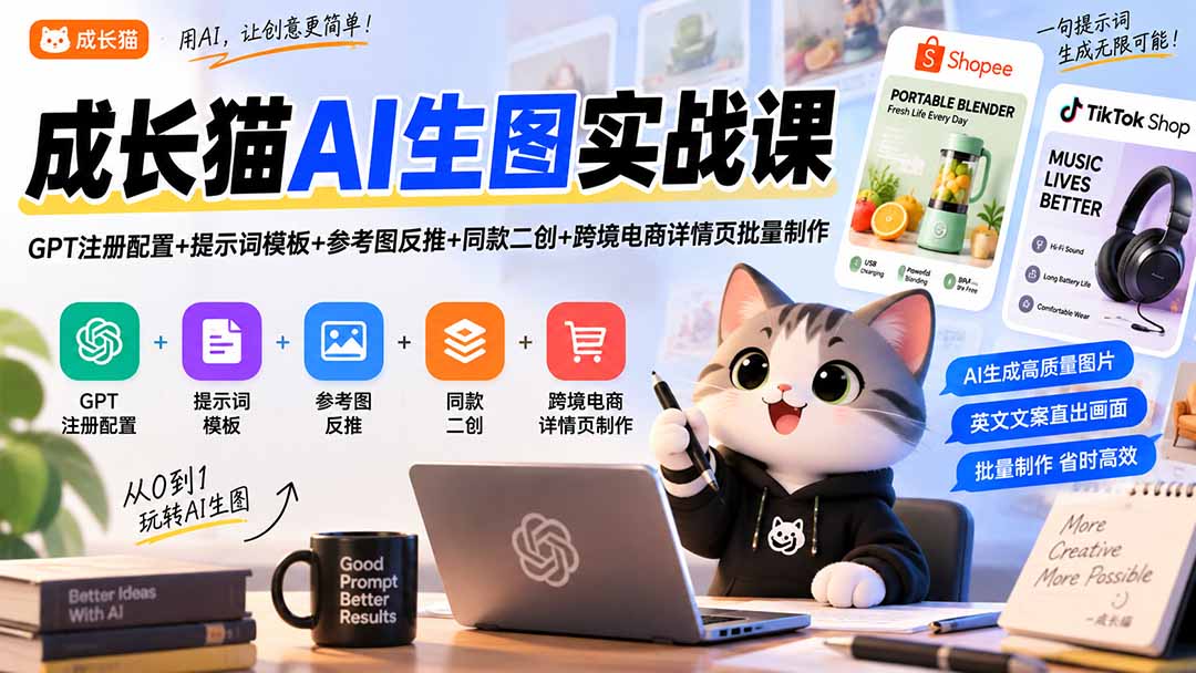 成长猫AI生图实战课｜GPT注册配置+提示词模板+参考图反推+同款二创+跨境电商详情页批量制作-星火轻创