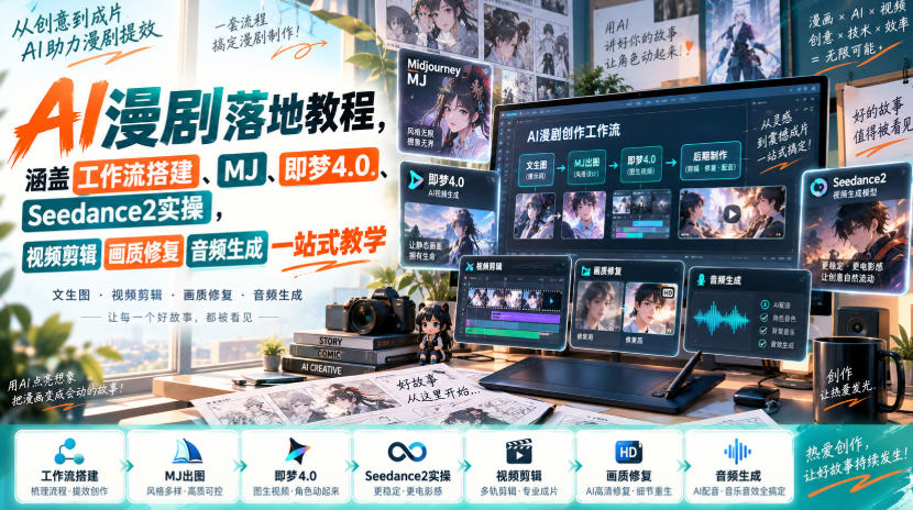 AI漫剧落地教程，涵盖工作流搭建、MJ、即梦4.0、Seedance2实操，视频剪辑画质修复音频生成一站式教学-星火轻创