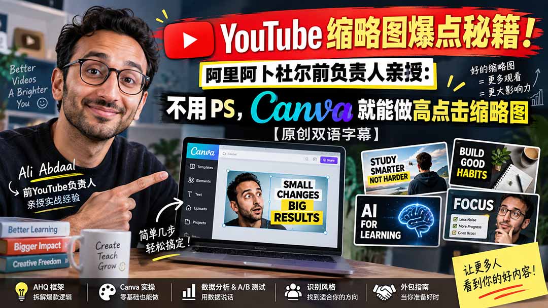YouTube 缩略图爆点秘籍！阿里阿卜杜尔前负责人亲授：不用 PS，Canva 就能做高点击缩略图【原创双语字幕】-星火轻创