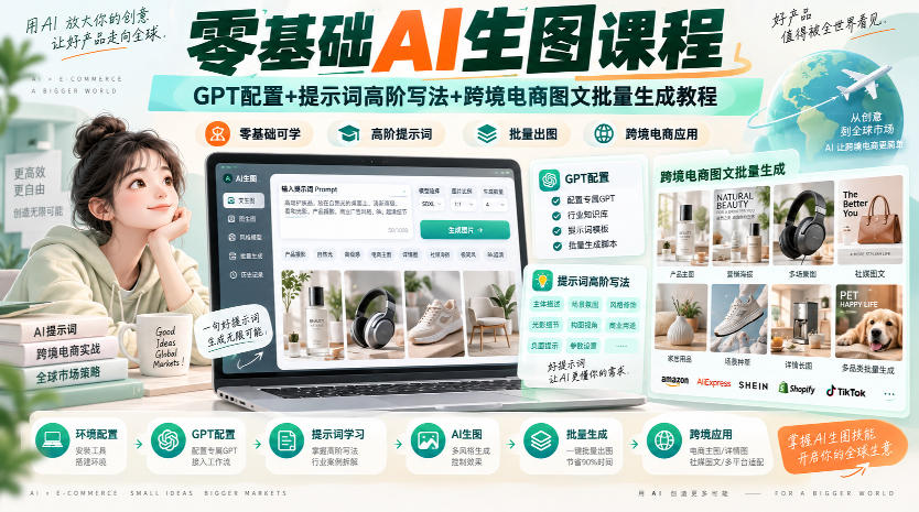 零基础AI生图课程，GPT配置+提示词高阶写法+跨境电商图文批量生成教程-星火轻创
