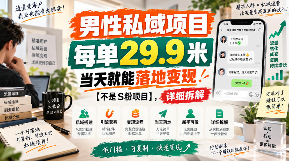 男性私域项目，每单29.9米，当天就能落地变现【不是S粉项目】，详细拆解-星火轻创