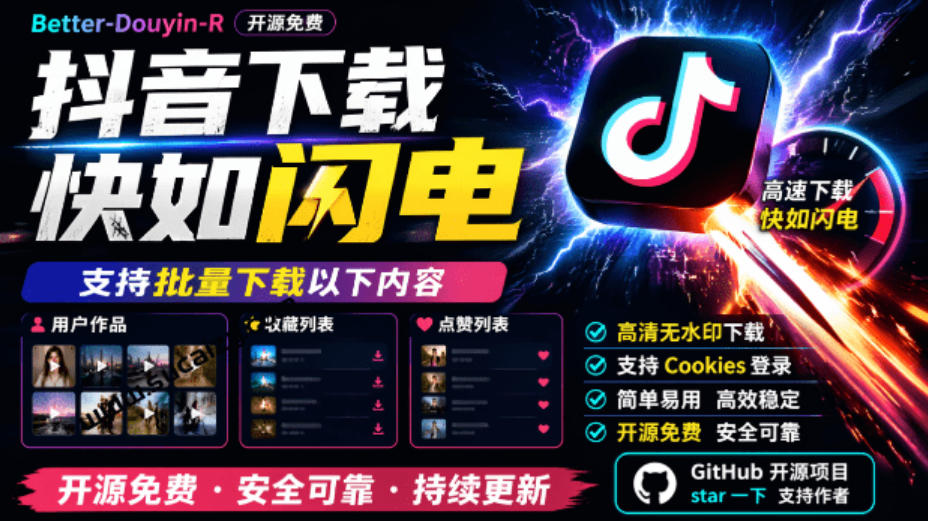 超级好用!抖音视频下载神器,支持批量下载用户作品收藏列表和点赞列表,开源完全免费Better-douyin-R-星火轻创
