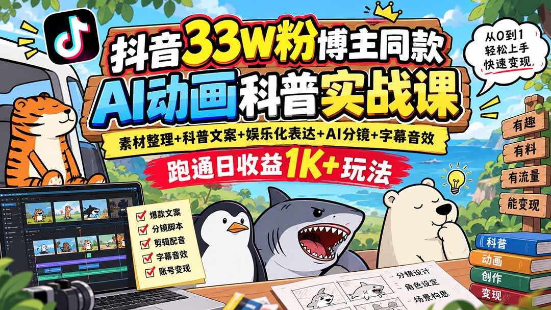 抖音33W粉博主同款AI动画科普实战课｜素材整理+科普文案+娱乐化表达+AI分镜+字幕音效，跑通日收益1K+玩法-星火轻创