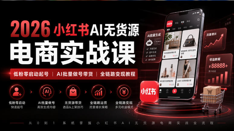 2026小红书AI无货源电商实战课｜低粉零启动起号｜AI批量做号带货全链路变现教程-星火轻创