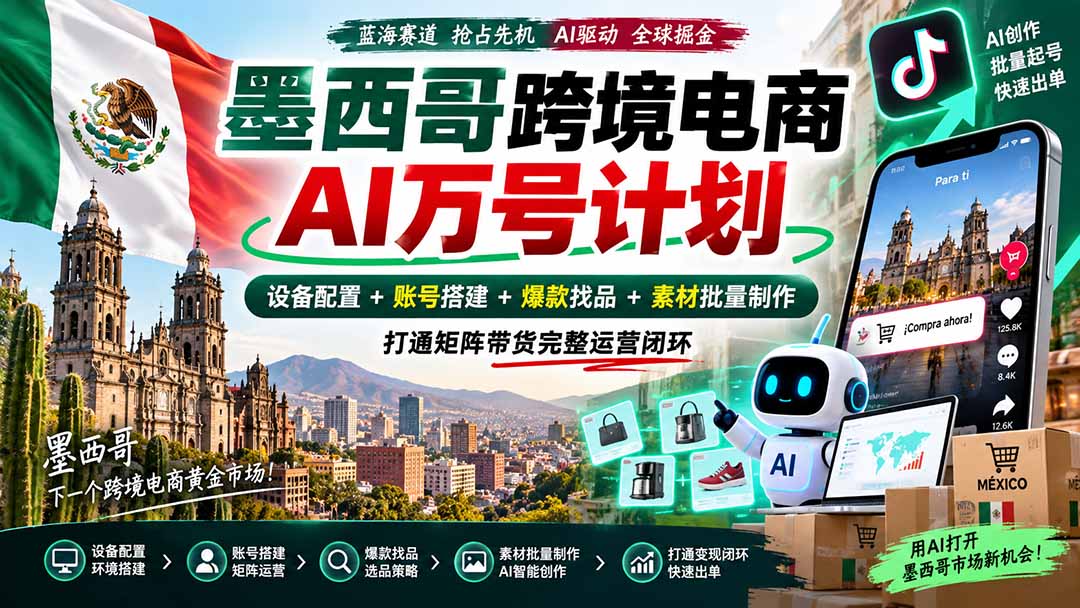 墨西哥AI跨境电商万号计划|设备配置+账号搭建+爆款找品+素材批量制作,打通矩阵带货完整运营闭环-星火轻创