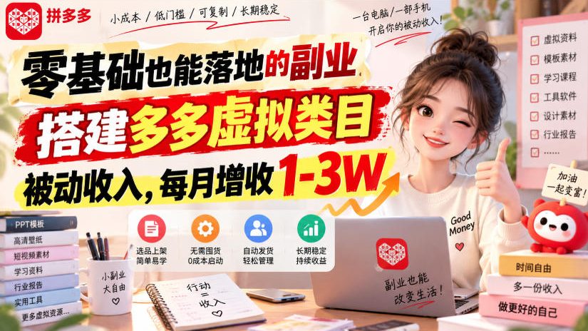 零基础也能落地的副业,搭建多多虚拟类目被动收入,每月增收1-3W【揭秘】-星火轻创