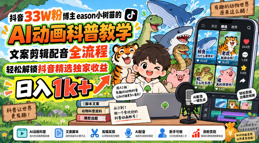 抖音33W粉博主eason小树苗的AI动画科普教学,文案剪辑配音全流程,轻松解锁抖音精选独家收益,日入1k+-星火轻创