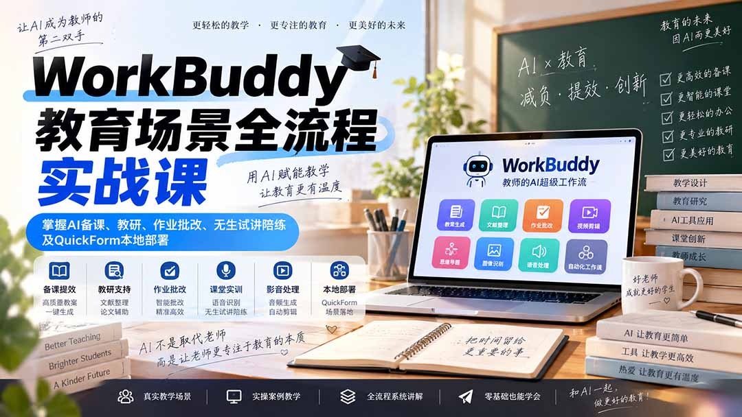 WorkBuddy教育场景全流程实战课:掌握AI备课、教研、作业批改、无生试讲陪练及QuickForm本地部署-星火轻创