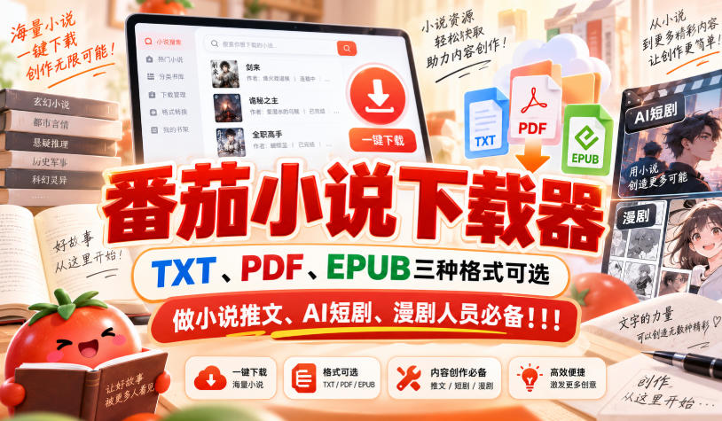 番茄小说下载器,TXT、PDF、EPUB三种格式可选,做小说推文、AI短剧、漫剧人员必备!!!-星火轻创
