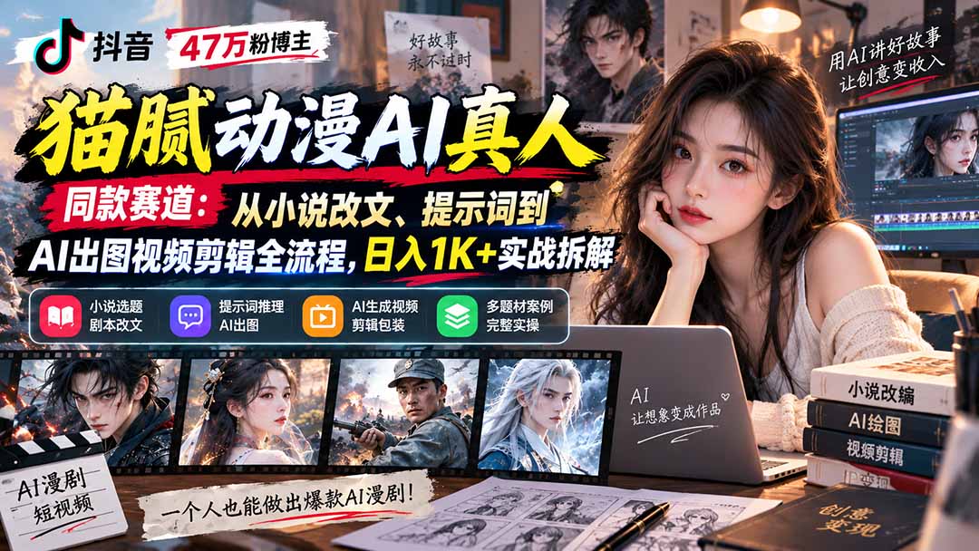 抖音47万粉博主猫腻动漫AI真人同款赛道：从小说改文、提示词到AI出图视频剪辑全流程，日入1K+实战拆解-星火轻创