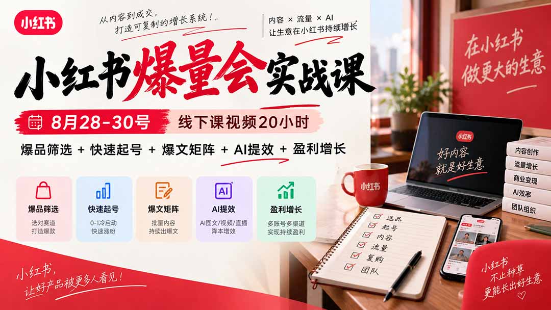 小红书爆量会实战课-更新9月17:线下课视频20小时,爆品筛选+快速起号+爆文矩阵+AI提效+盈利增长-星火轻创