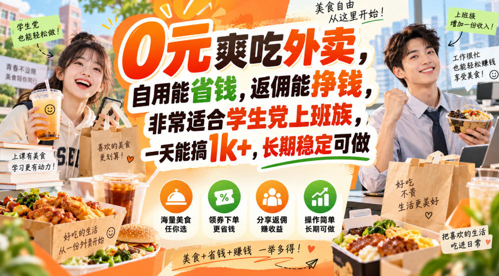 0元爽吃外卖,自用能省钱,返佣能挣钱,非常适合学生党上班族,一天能搞1k+,长期稳定可做-星火轻创