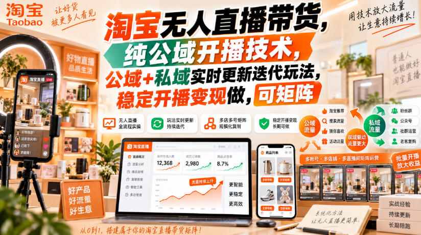 淘宝无人直播带货,纯公域开播技术,公域+私域实时更新迭代玩法,稳定开播变现做,可矩阵【揭秘】-星火轻创