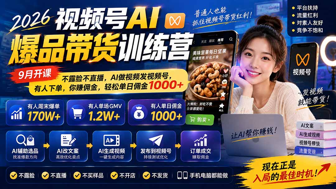 图片[1]-2026视频号AI爆品带货训练营-9月开课｜不露脸不直播，AI做视频发视频号，有人下单，你赚佣金，轻松单日佣金1000+-星火轻创