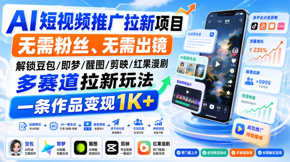 AI短视频推广拉新项目，无需粉丝、无需出镜，解锁豆包/即梦/醒图/剪映/红果漫剧多赛道拉新玩法，一条作品变现1K+(更新0918)-星火轻创
