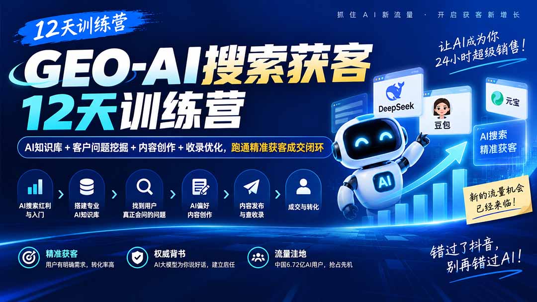 GEO-AI搜索获客12天训练营｜AI知识库+客户问题挖掘+内容创作+收录优化，跑通精准获客成交闭环-星火轻创