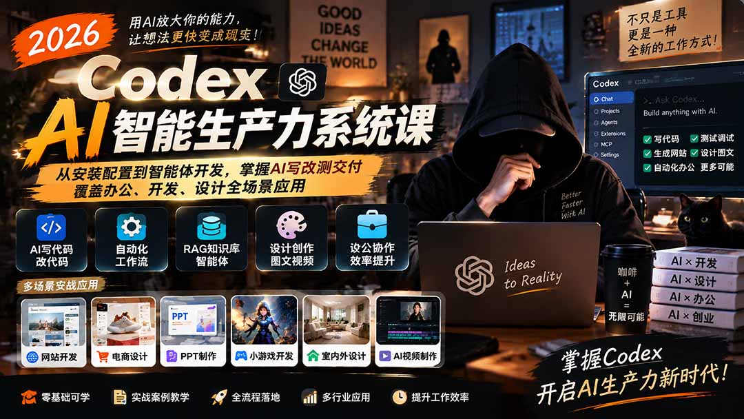2026 Codex AI智能生产力系统课-更新|从安装配置到智能体开发,掌握AI写改测交付,覆盖办公、开发、设计全场景应用-星火轻创