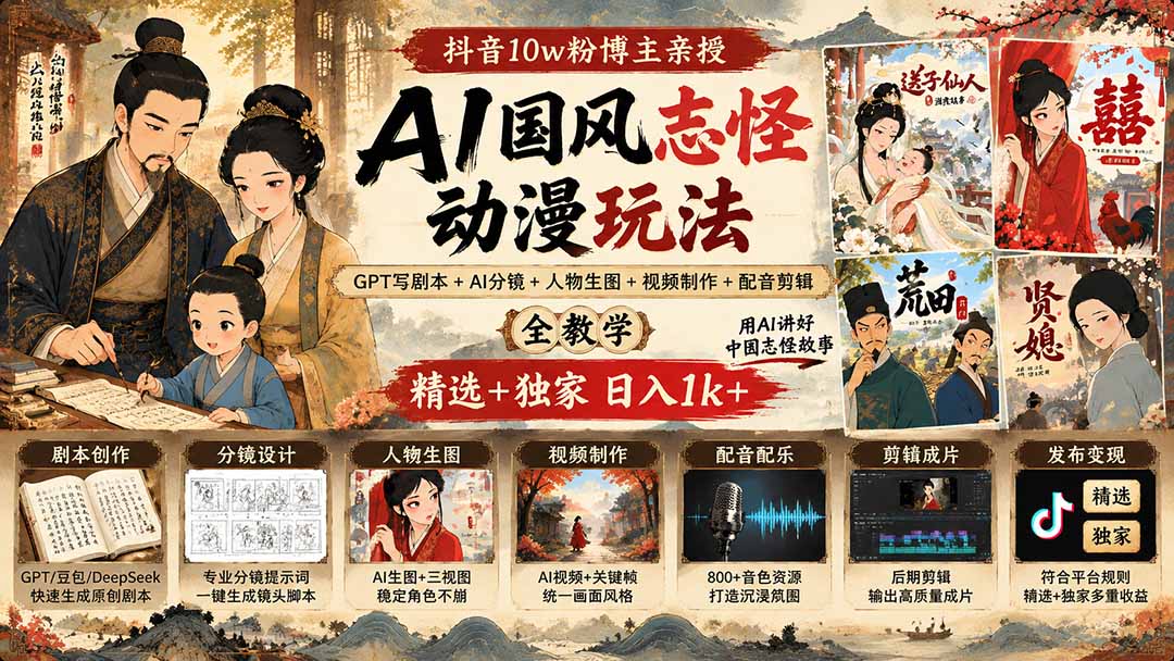 抖音10w粉博主亲授AI国风志怪动漫玩法｜GPT写剧本+AI分镜+人物生图+视频制作+配音剪辑全教学｜精选+独家日入1k+-星火轻创