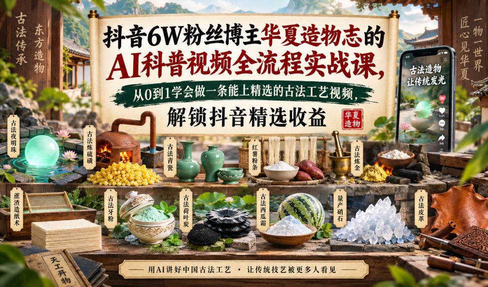 抖音6W粉丝博主华夏造物志的AI科普视频全流程实战课,从0到1学会做一条能上精选的古法工艺视频,解锁抖音精选收益-星火轻创