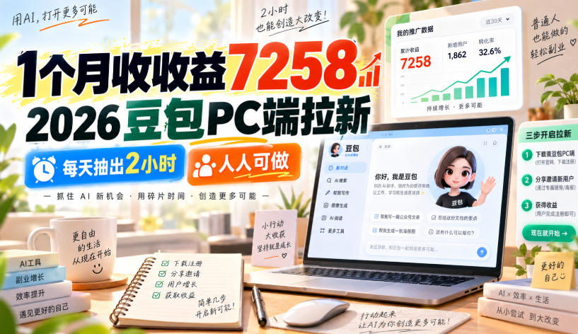 1个月收收益7258,2026豆包PC端拉新,每天抽出2小时,人人可做-星火轻创