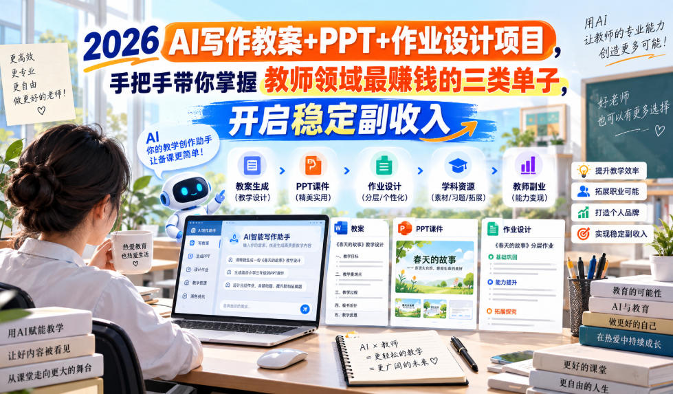 2026 AI写作教案+PPT+作业设计项目,手把手带你掌握教师领域最賺钱的三类单子,开启稳定副收入-星火轻创