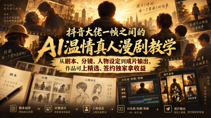 抖音大佬一帧之间的AI温情真人漫剧教学，从剧本、分镜、人物设定到成片输出，作品可上精选、签约独家拿收益-星火轻创