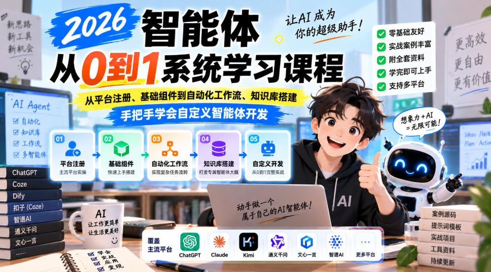 2026智能体从0到1系统学习课程,从平台注册、基础组件到自动化工作流、知识库搭建,手把手学会自定义智能体开发-星火轻创