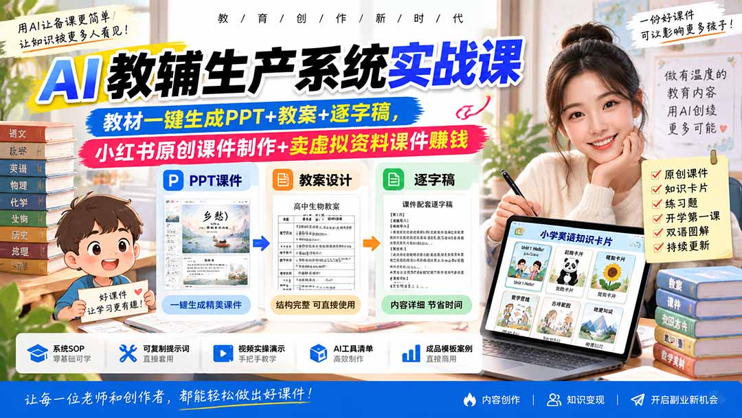 AI教辅生产系统实战课|教材一键生成PPT+教案+逐字稿,小红书原创课件制作+卖虚拟资料课件赚钱-星火轻创