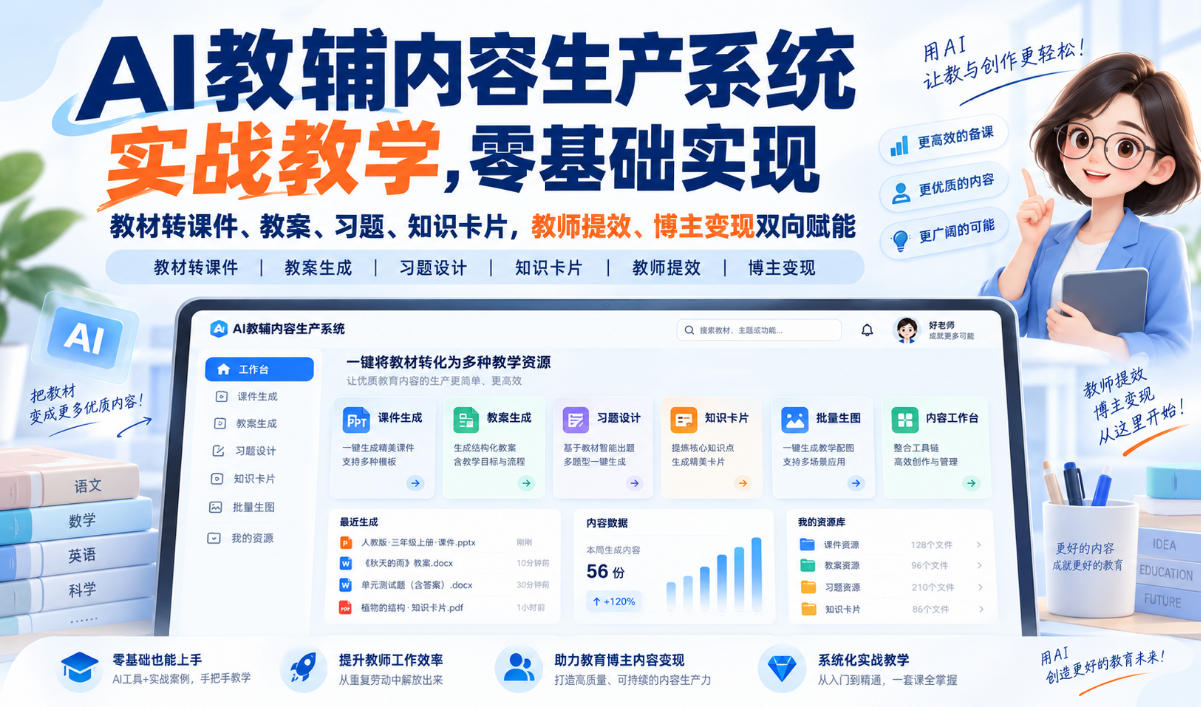 AI教辅内容生产系统实战教学，零基础实现教材转课件、教案、习题、知识卡片，教师提效、博主变现双向赋能-星火轻创