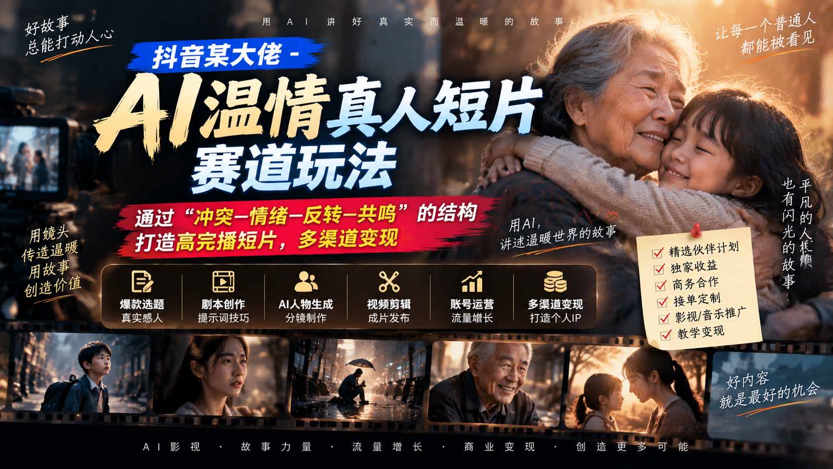 抖音某大佬-AI温情真人短片赛道玩法:通过“冲突—情绪—反转—共鸣”的结构打造高完播短片,多渠道变现-星火轻创