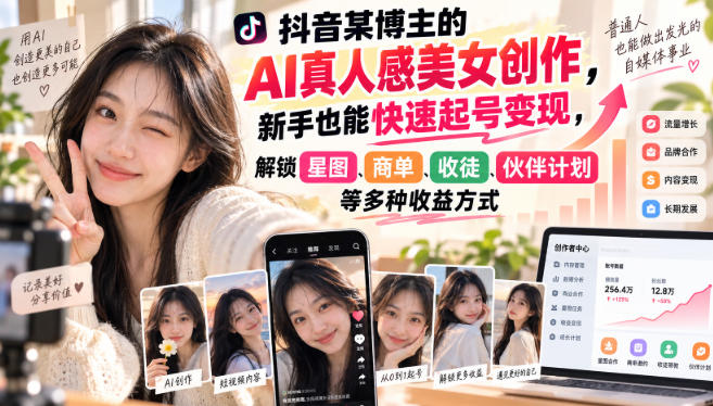 抖音某博主的AI真人感美女创作，新手也能快速起号变现，解锁星图，商单，收徒，伙伴计划等多种收益方式-星火轻创