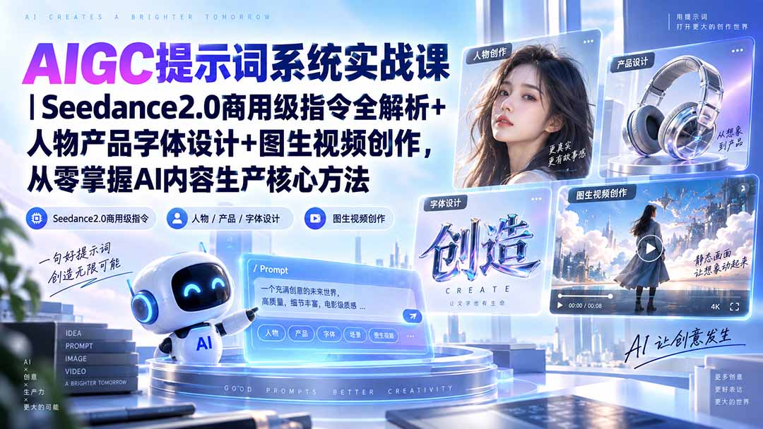 AIGC提示词系统实战课-无水印|Seedance2.0商用级指令全解析+人物产品字体设计+图生视频创作,掌握AI内容生产方法-星火轻创