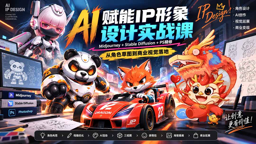 AI赋能IP形象设计实战课-无水印:Midjourney+Stable Diffusion+PS精修,从角色草图到商业视觉落地-星火轻创