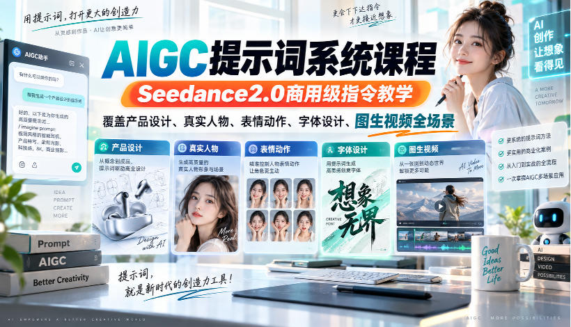 AIGC提示词系统课程,Seedance2.0商用级指令教学,覆盖产品设计、真实人物、表情动作、字体设计、图生视频全场景-星火轻创