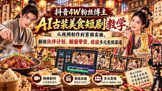 抖音4W粉丝博主AI古装美食短剧教学，从视频制作到剪辑实操，解锁伙伴计划、橱窗带货、收徒多元变现渠道-星火轻创